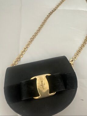 Salvatore Ferragamo Black Suede Crossbody with Gold Chain and Bow Plaque